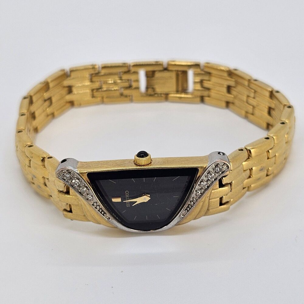 VTG Seiko Half Moon 14MM Women's Watch Black Dial Gold Tone Diamonds 6" New Batt